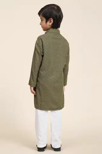 Dark green printed cotton printed dhoti kurta set for boys ethnic wear