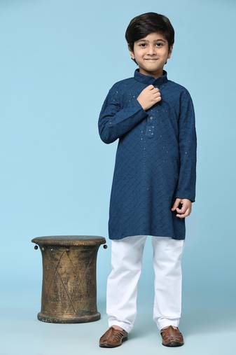 Blue printed cotton printed dhoti kurta set for boys ethnic wear