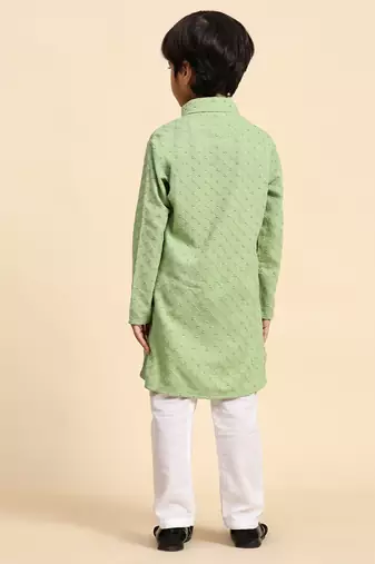 Green printed cotton printed dhoti kurta set for boys ethnic wear