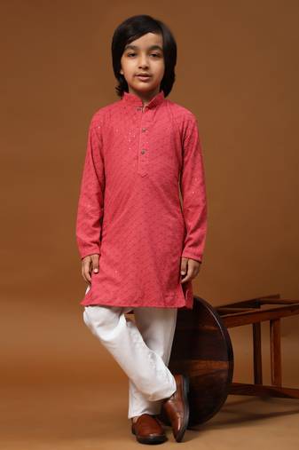 Pink printed cotton printed dhoti kurta set for boys ethnic wear
