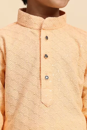 Orange printed cotton printed dhoti kurta set for boys ethnic wear