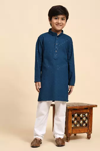 Blue printed cotton printed dhoti kurta set for boys ethnic wear