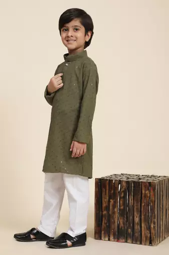Dark green printed cotton printed dhoti kurta set for boys ethnic wear