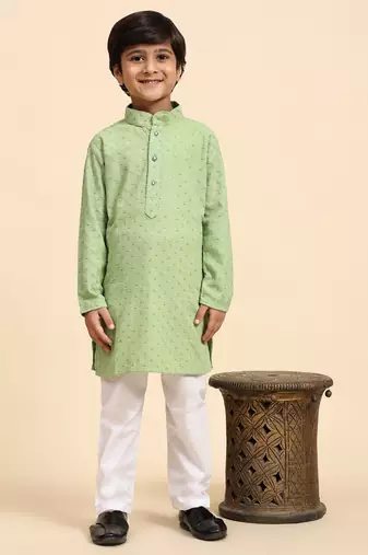 Green printed cotton printed dhoti kurta set for boys ethnic wear