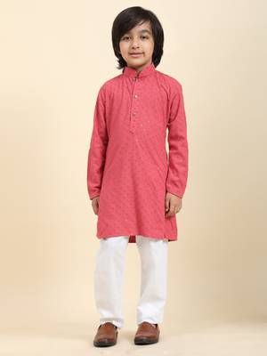 Pink printed cotton printed dhoti kurta set for boys ethnic wear 2