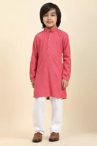 Pink printed cotton printed dhoti kurta set for boys ethnic wear