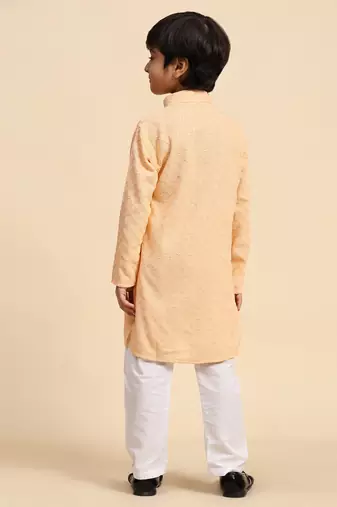 Orange printed cotton printed dhoti kurta set for boys ethnic wear