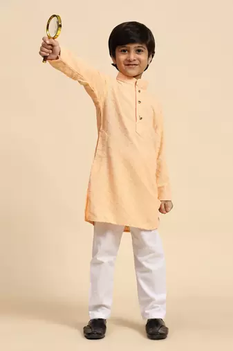 Orange printed cotton printed dhoti kurta set for boys ethnic wear