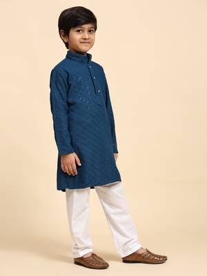 Blue printed cotton printed dhoti kurta set for boys ethnic wear 5