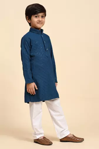 Blue printed cotton printed dhoti kurta set for boys ethnic wear