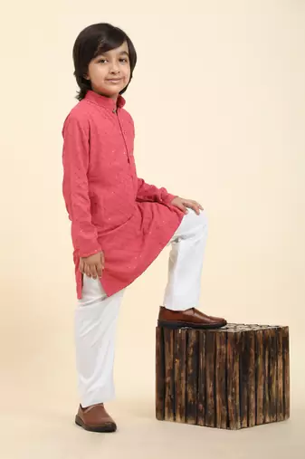 Pink printed cotton printed dhoti kurta set for boys ethnic wear