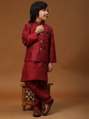 Maroon stripes silk jacquard kurta pajama with waistcoat for boys\\traditional wear 1
