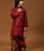 Maroon stripes silk jacquard kurta pajama with waistcoat for boys\\traditional wear