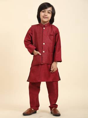 Maroon stripes silk jacquard kurta pajama with waistcoat for boys\\traditional wear 2