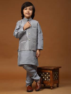 Grey stripes silk jacquard kurta pajama with waistcoat for boys\\traditional wear 1