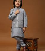 Grey stripes silk jacquard kurta pajama with waistcoat for boys\\traditional wear