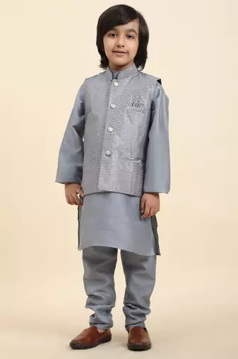 Grey stripes silk jacquard kurta pajama with waistcoat for boys\\traditional wear