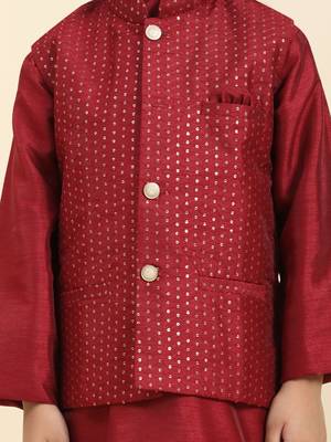 Maroon stripes silk jacquard kurta pajama with waistcoat for boys\\traditional wear 3
