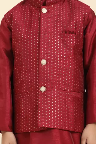 Maroon stripes silk jacquard kurta pajama with waistcoat for boys\\traditional wear