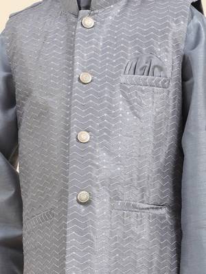 Grey stripes silk jacquard kurta pajama with waistcoat for boys\\traditional wear 4