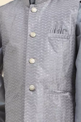 Grey stripes silk jacquard kurta pajama with waistcoat for boys\\traditional wear