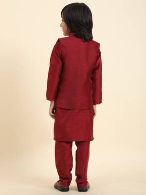 Maroon stripes silk jacquard kurta pajama with waistcoat for boys\\traditional wear 5