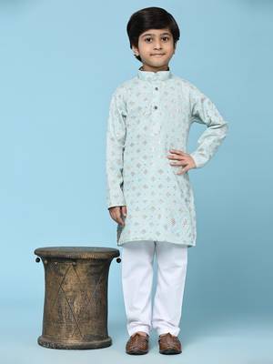 Light blue printed cotton printed kurta pajama set for boys ethnic wear 1