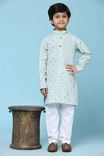 Light blue printed cotton printed kurta pajama set for boys ethnic wear