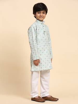 Light blue printed cotton printed kurta pajama set for boys ethnic wear 2