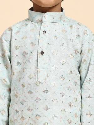 Light blue printed cotton printed kurta pajama set for boys ethnic wear 3