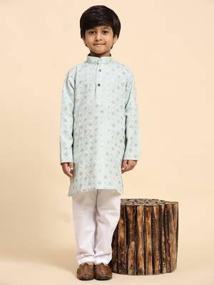 Light blue printed cotton printed kurta pajama set for boys ethnic wear 5