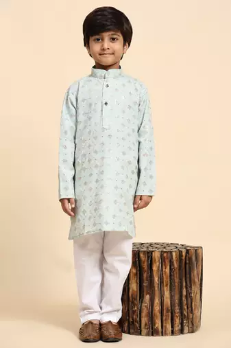 Light blue printed cotton printed kurta pajama set for boys ethnic wear