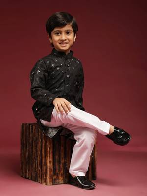 Black printed cotton printed kurta pajama set for boys ethnic wear 1