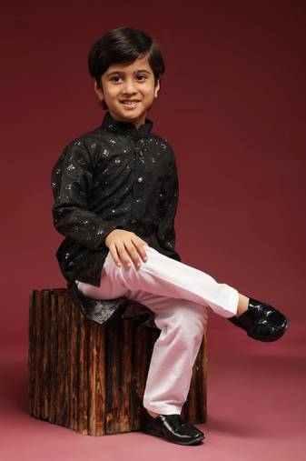 Black printed cotton printed kurta pajama set for boys ethnic wear