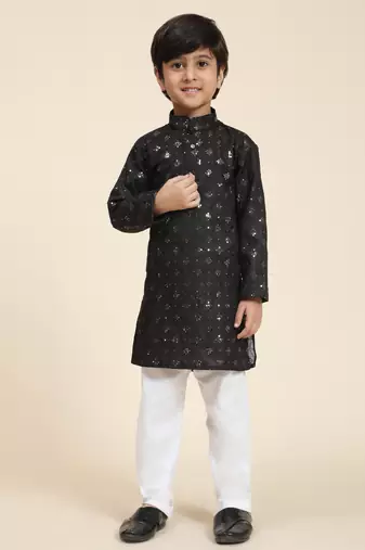 Black printed cotton printed kurta pajama set for boys ethnic wear
