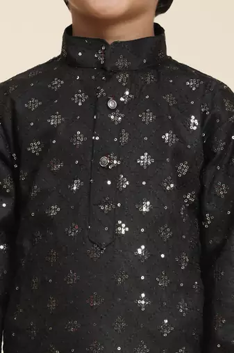 Black printed cotton printed kurta pajama set for boys ethnic wear