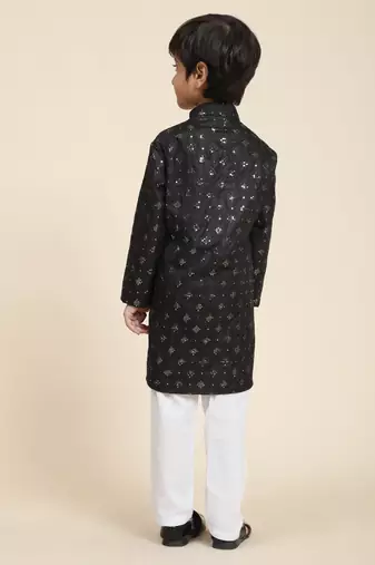 Black printed cotton printed kurta pajama set for boys ethnic wear