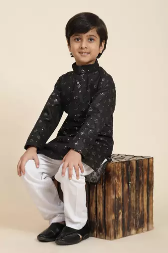 Black printed cotton printed kurta pajama set for boys ethnic wear