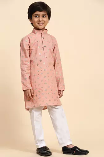 Pink printed cotton printed kurta pajama set for boys ethnic wear