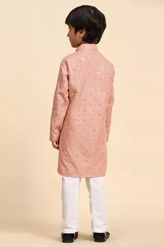 Pink printed cotton printed kurta pajama set for boys ethnic wear