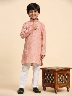 Pink printed cotton printed kurta pajama set for boys ethnic wear 5
