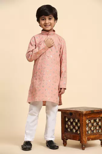 Pink printed cotton printed kurta pajama set for boys ethnic wear