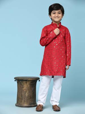 Maroon printed cotton printed kurta pajama set for boys ethnic wear 1