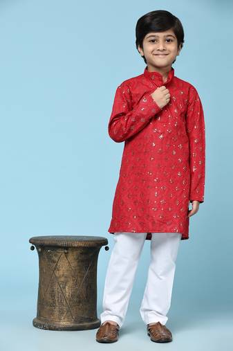 Maroon printed cotton printed kurta pajama set for boys ethnic wear