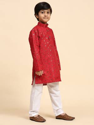 Maroon printed cotton printed kurta pajama set for boys ethnic wear 2