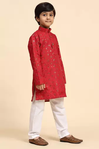 Maroon printed cotton printed kurta pajama set for boys ethnic wear