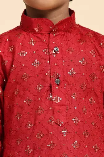 Maroon printed cotton printed kurta pajama set for boys ethnic wear