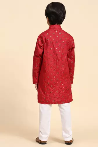Maroon printed cotton printed kurta pajama set for boys ethnic wear
