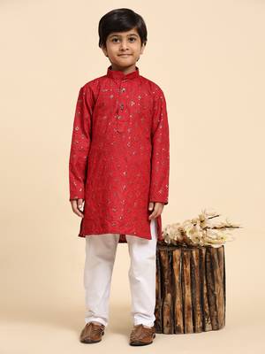 Maroon printed cotton printed kurta pajama set for boys ethnic wear 5