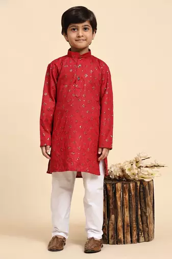 Maroon printed cotton printed kurta pajama set for boys ethnic wear